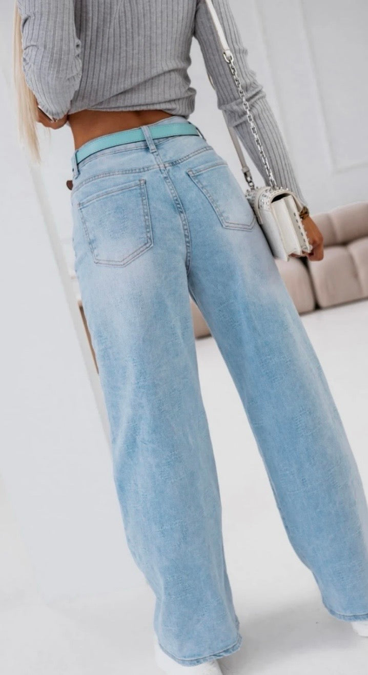 High-Waisted Wide-Leg Jeans with Heart-Shaped Distressed Details & Ribbon Belt