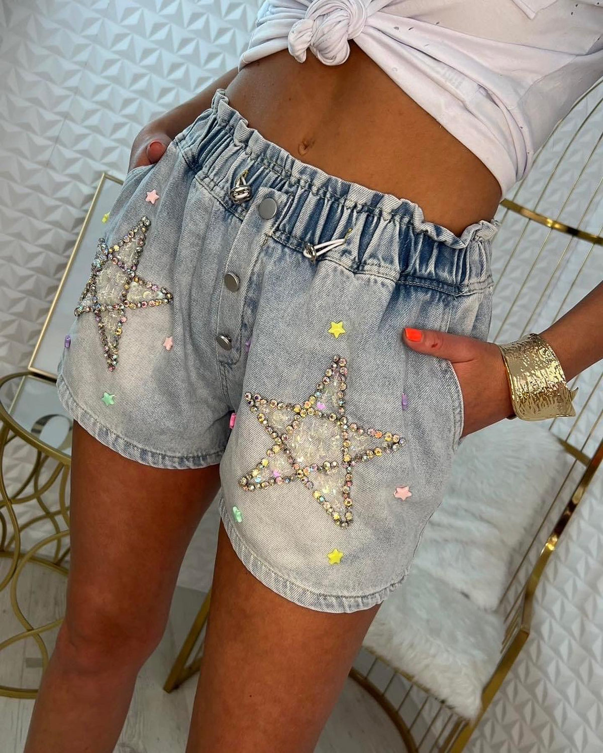 Denim Shorts With Crystal Stars and Sequins