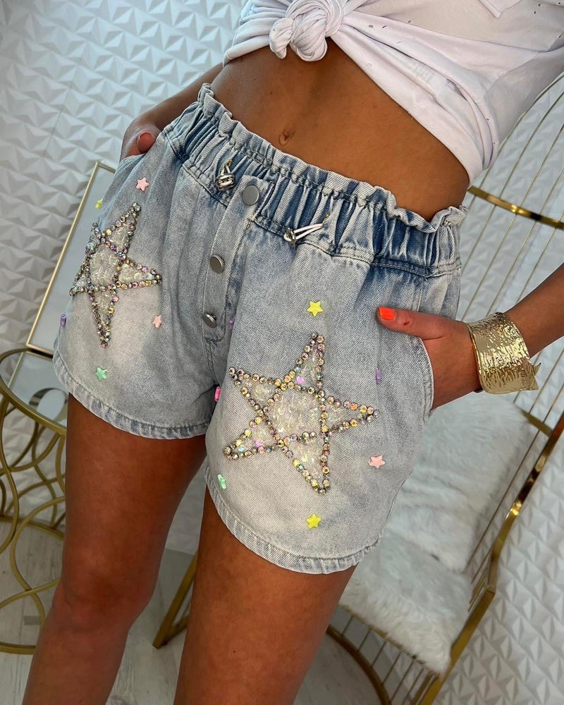 Denim Shorts With Crystal Stars and Sequins
