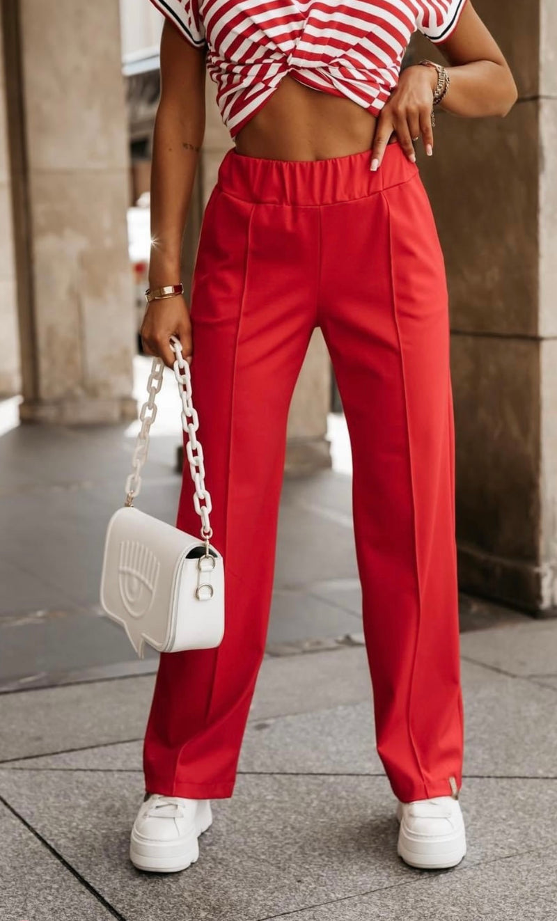 La Blanche Elegant Red High-Waisted Wide-Leg Trousers with Pressed Creases