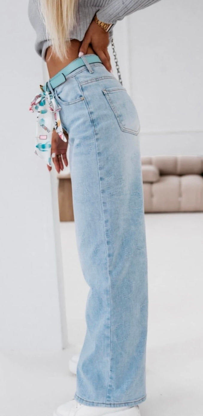 High-Waisted Wide-Leg Jeans with Heart-Shaped Distressed Details & Ribbon Belt