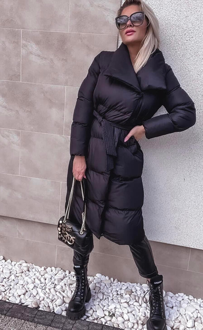 Long Quilted Coat With Belt and Snap Fastenings - Black
