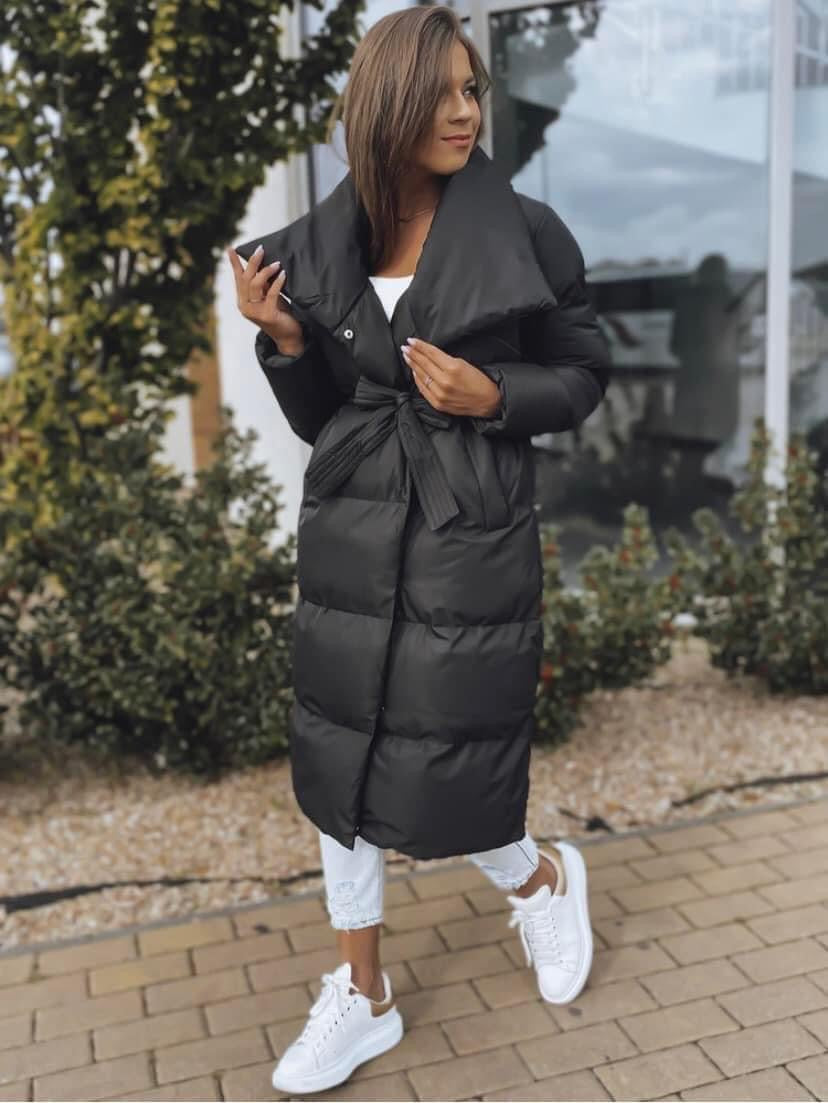 Long Quilted Coat With Belt and Snap Fastenings - Black