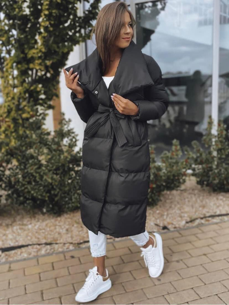 Long Quilted Coat With Belt and Snap Fastenings - Black