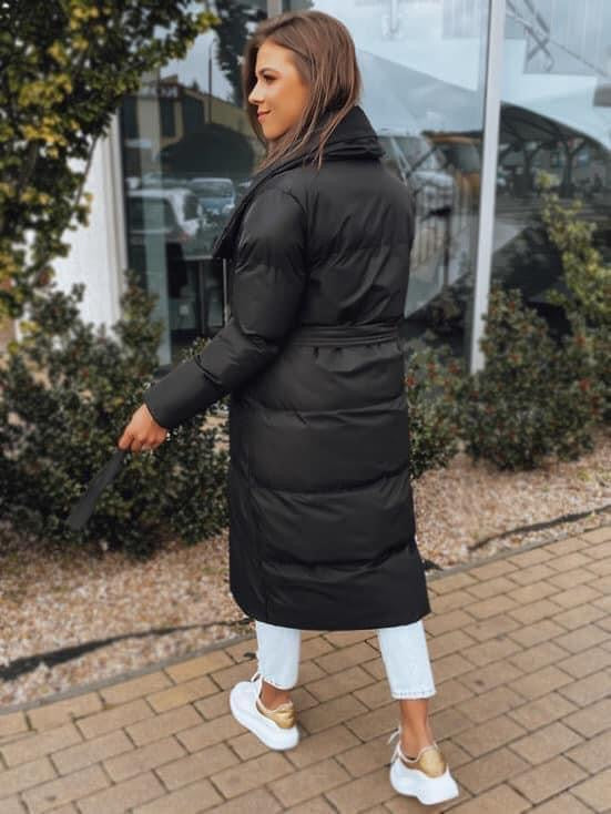 Long Quilted Coat With Belt and Snap Fastenings - Black