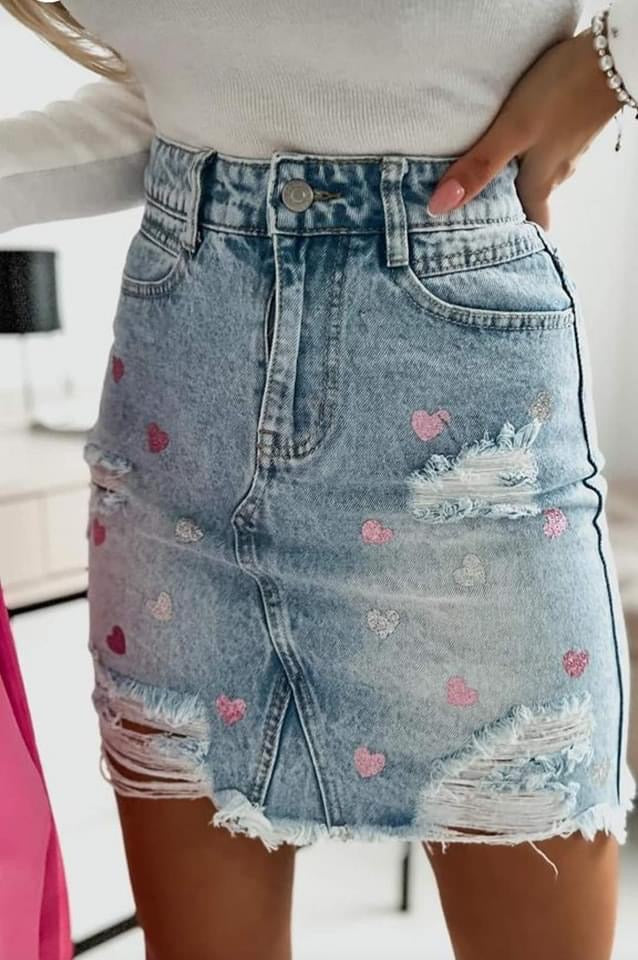 High-Waisted Denim Mini Skirt With Glitter Hearts