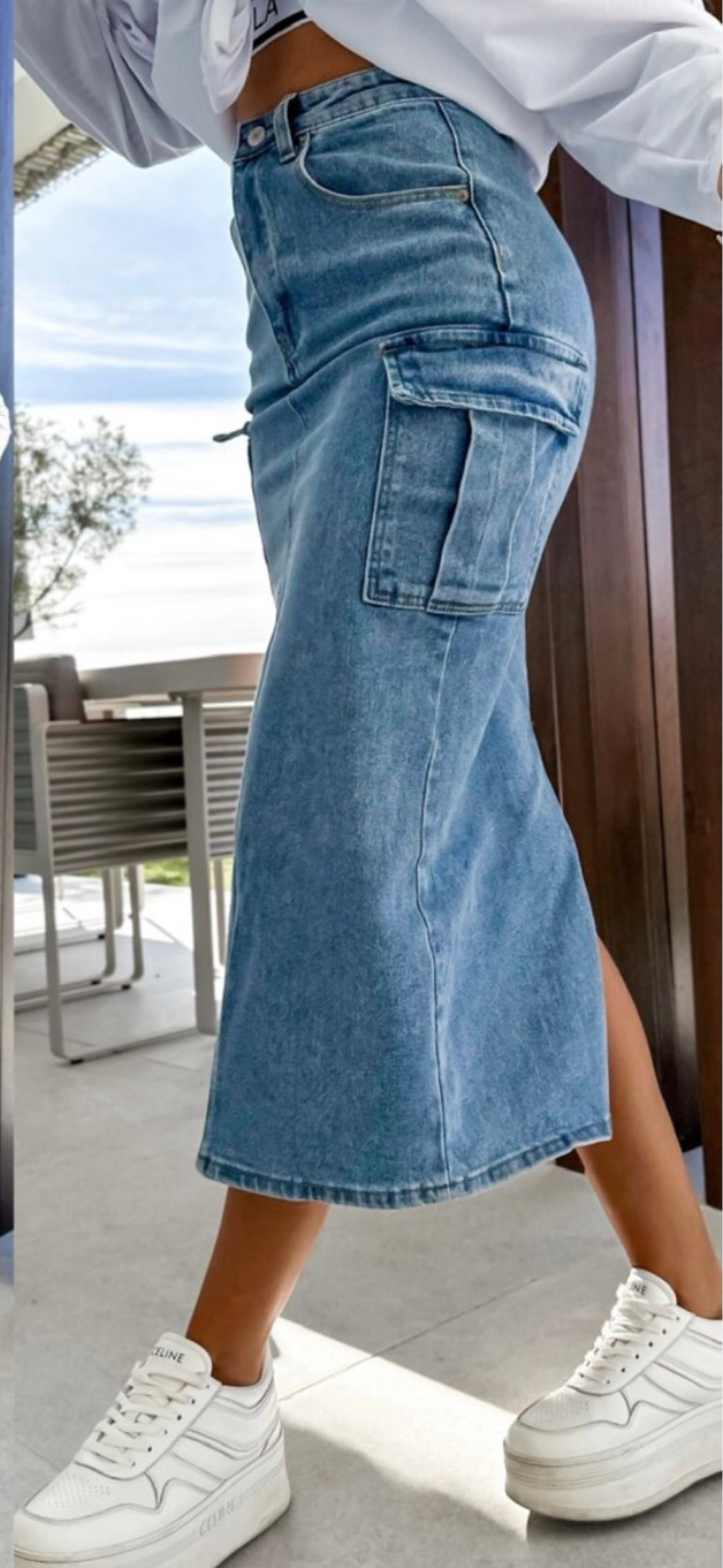 Re Dress Denim Midi Skirt With Cargo Pockets - Light Blue