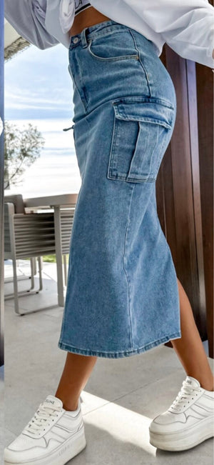 Re Dress Denim Midi Skirt With Cargo Pockets - Light Blue