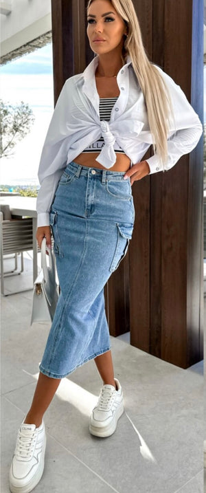 Re Dress Denim Midi Skirt With Cargo Pockets - Light Blue