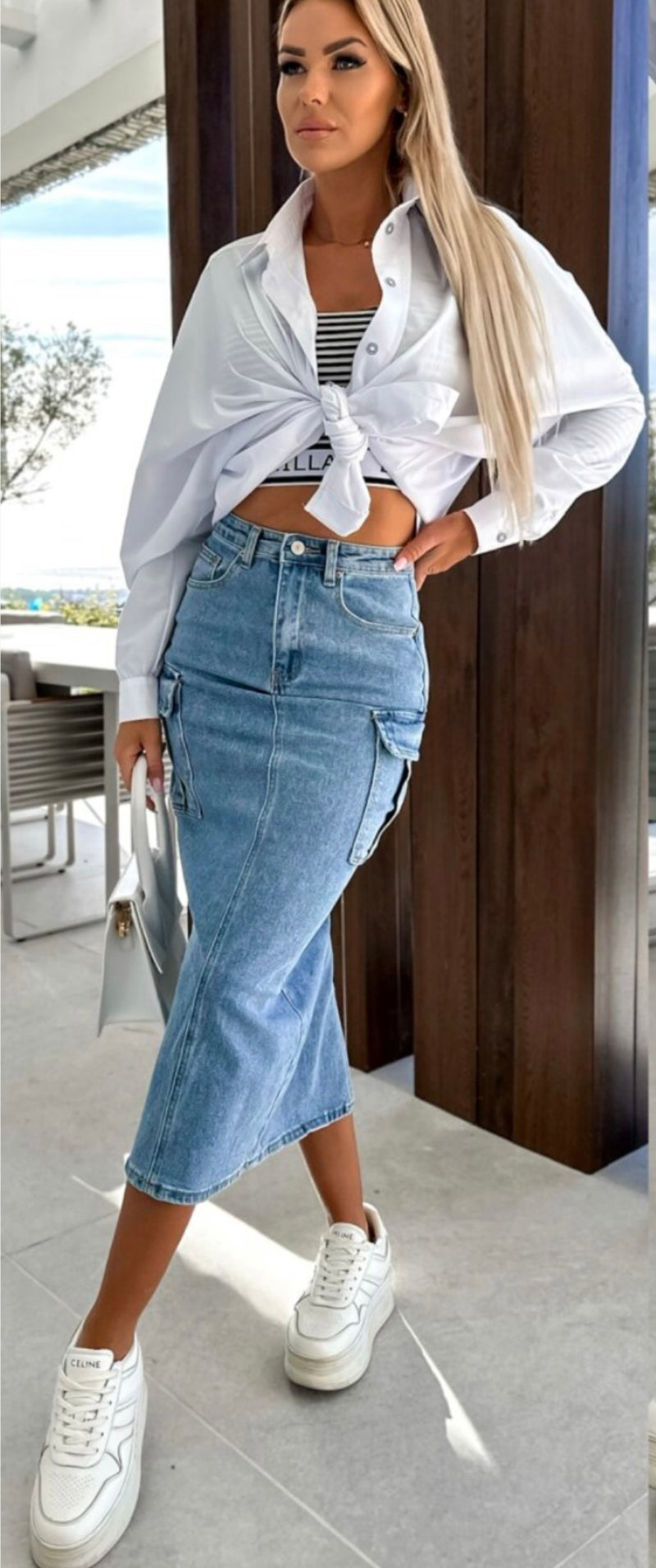 Re Dress Denim Midi Skirt With Cargo Pockets - Light Blue