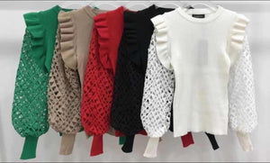 Ribbed Jumper With Puff Sleeves and Openwork Pattern