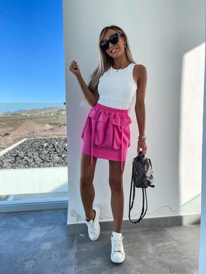 Gold Lady Cargo Mini Skirt With Pockets and Drawstrings