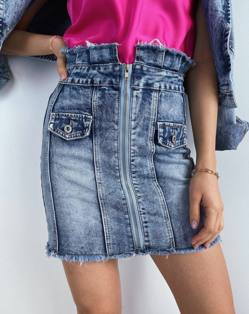 High-Waisted Acid Wash Denim Mini Skirt With Zip