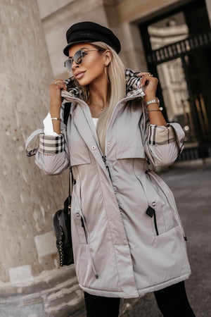 Women's Hooded Transitional Parka With Check Panels