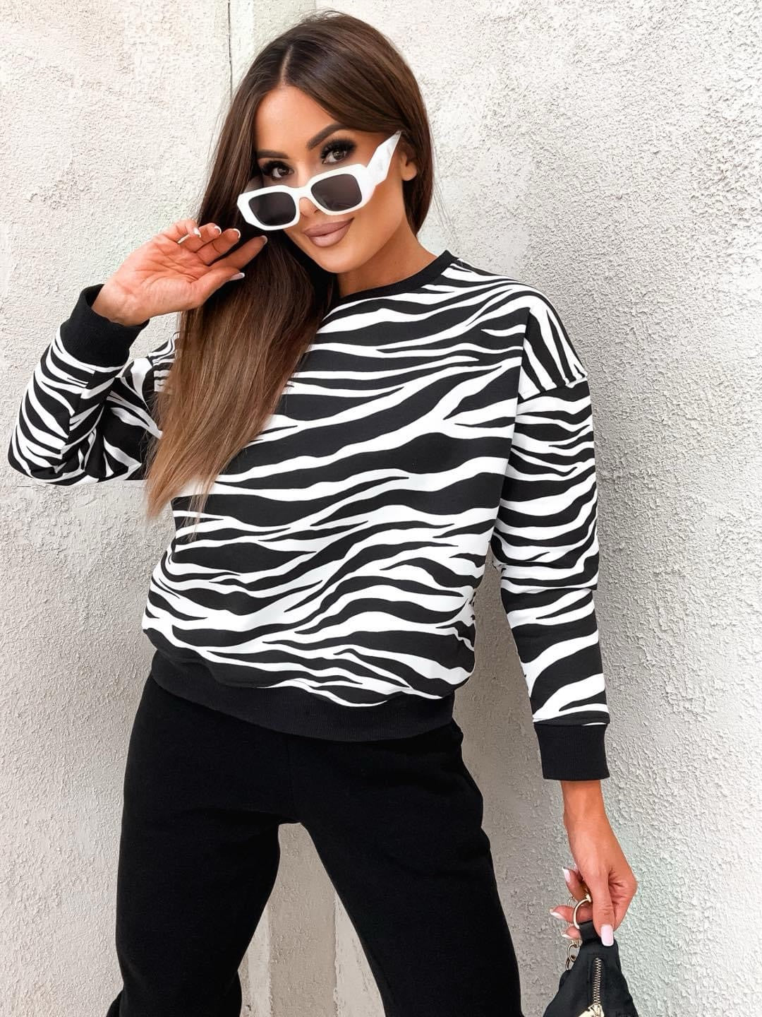 Stay Here Women's Fleece-Lined Zebra Print Sweatshirt