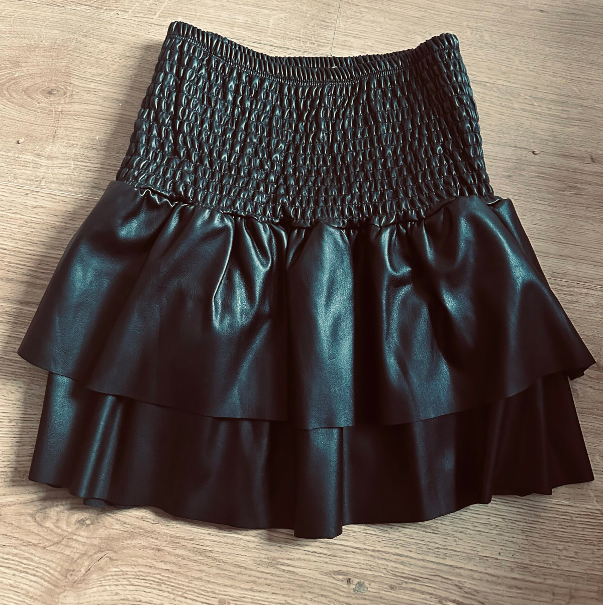 Black Faux Leather Flared Mini Skirt With Wide Belt