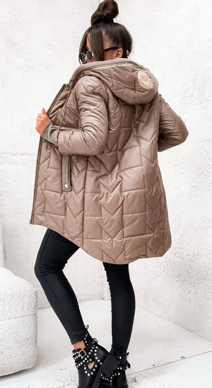 Women's Quilted Hooded Parka With Geometric Pattern - Beige