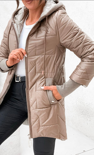Women's Quilted Hooded Parka With Geometric Pattern - Beige