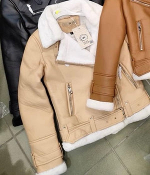 Beige Faux Leather Shearling Jacket