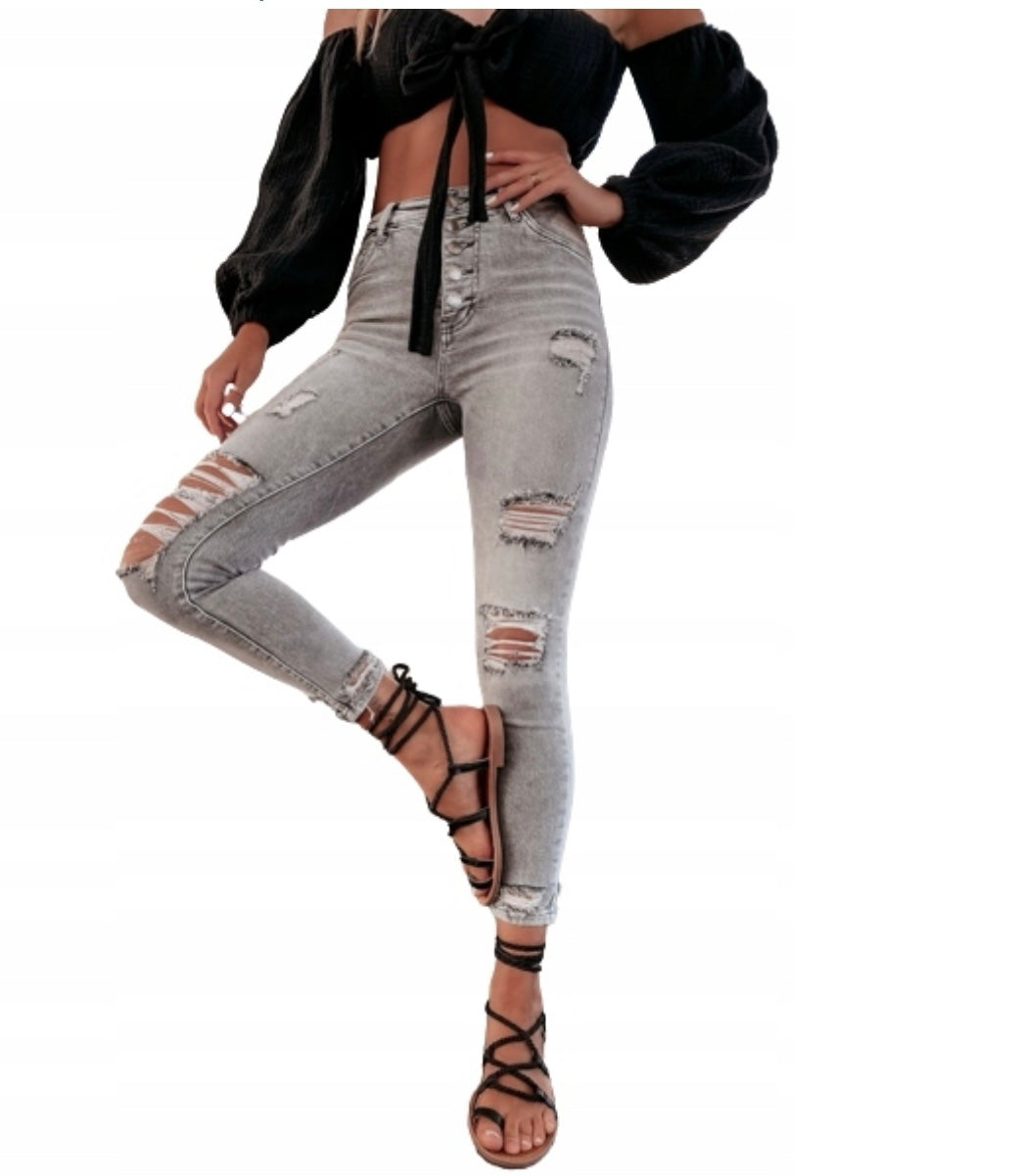 M.Sara Slimming Button-Fly Distressed Jeans S5806P-C