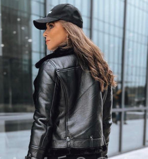 Faux Leather Biker Jacket With Shearling