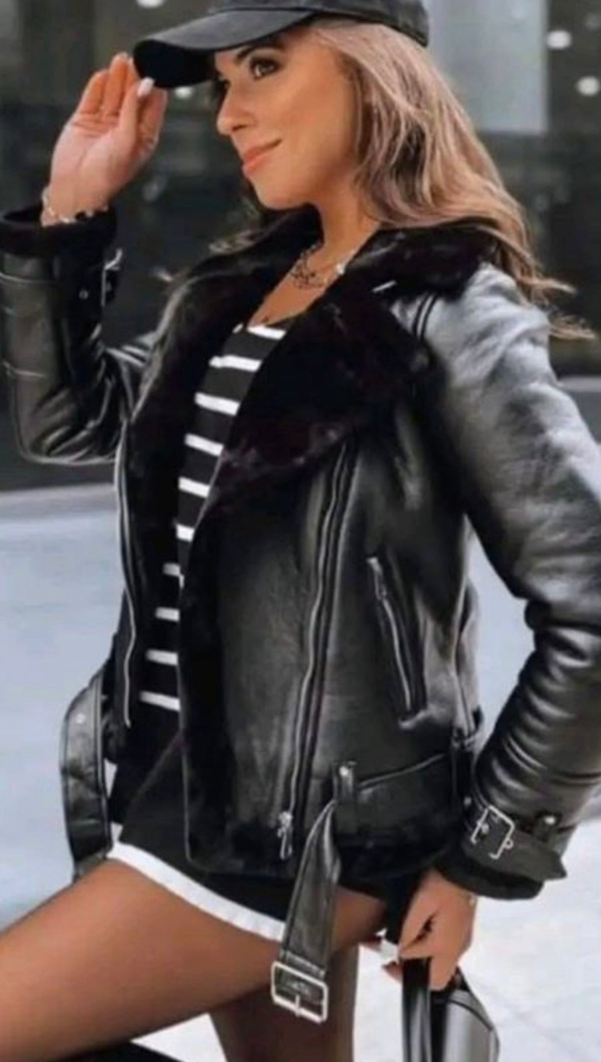 Faux Leather Biker Jacket With Shearling