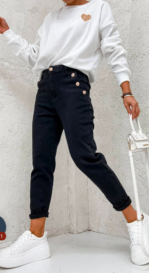 Black Mom Fit Jeans With Decorative Buttons