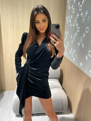 Black Velour Dress With V-Wrap Neckline