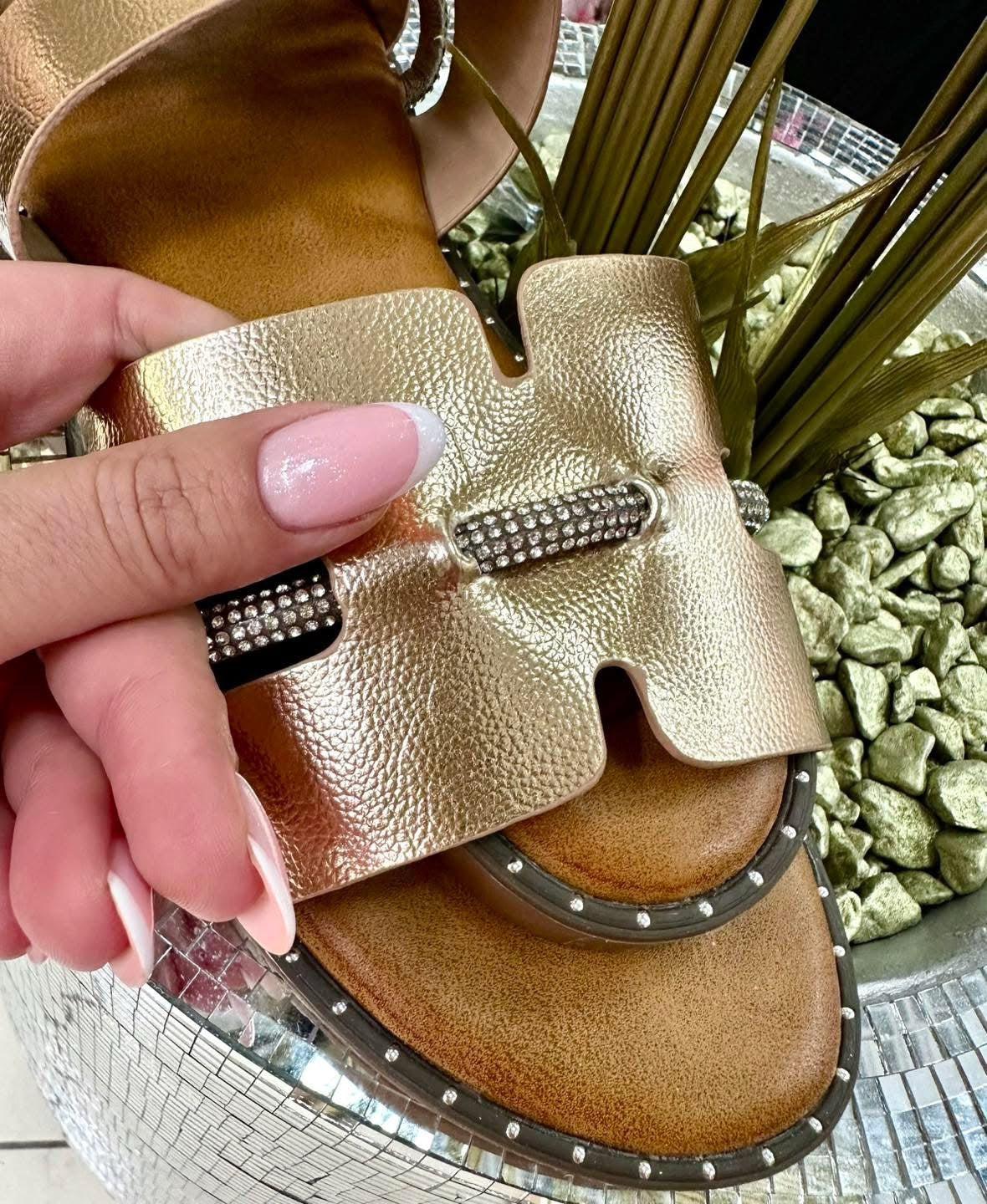 Givana Gold Embellished Sliders With Rhinestones