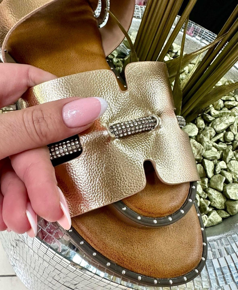 Givana Gold Embellished Sliders With Rhinestones