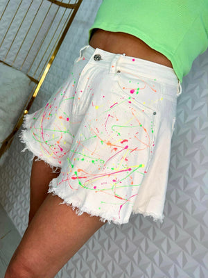 Summer Love White Denim Shorts With Neon Splashes