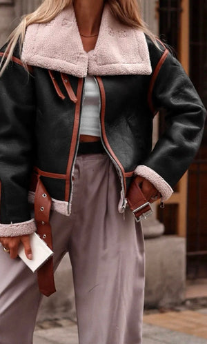 Women's Black Shearling Jacket With Camel Panels