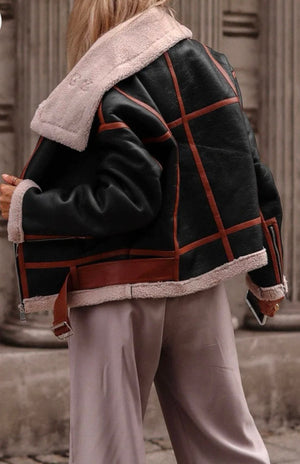 Women's Black Shearling Jacket With Camel Panels