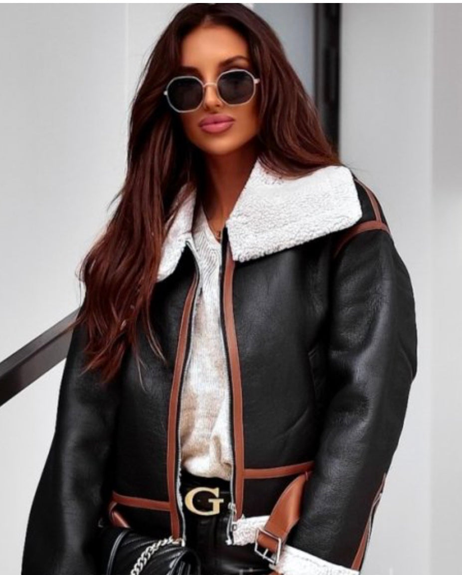 Women's Black Shearling Jacket With Camel Panels