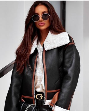 Women's Black Shearling Jacket With Camel Panels