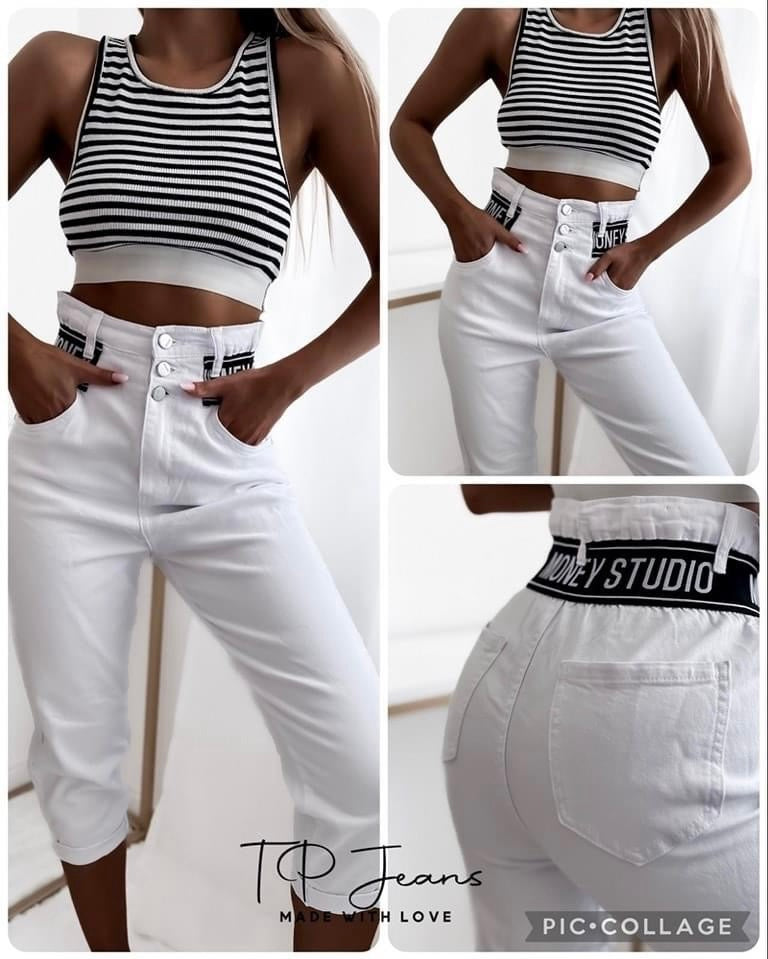 M.Sara Money Studio White 3/4 High-Waisted Mom Fit Jeans