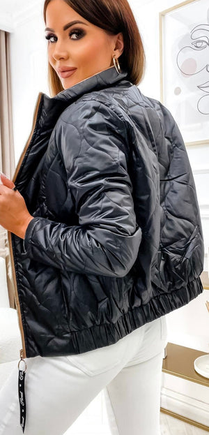 Women's Cropped Quilted Black Bomber Jacket With Decorative Zip