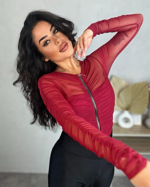 Mesh Bodysuit With Zip and Ruching in Burgundy