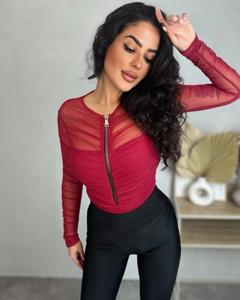 Mesh Bodysuit With Zip and Ruching in Burgundy