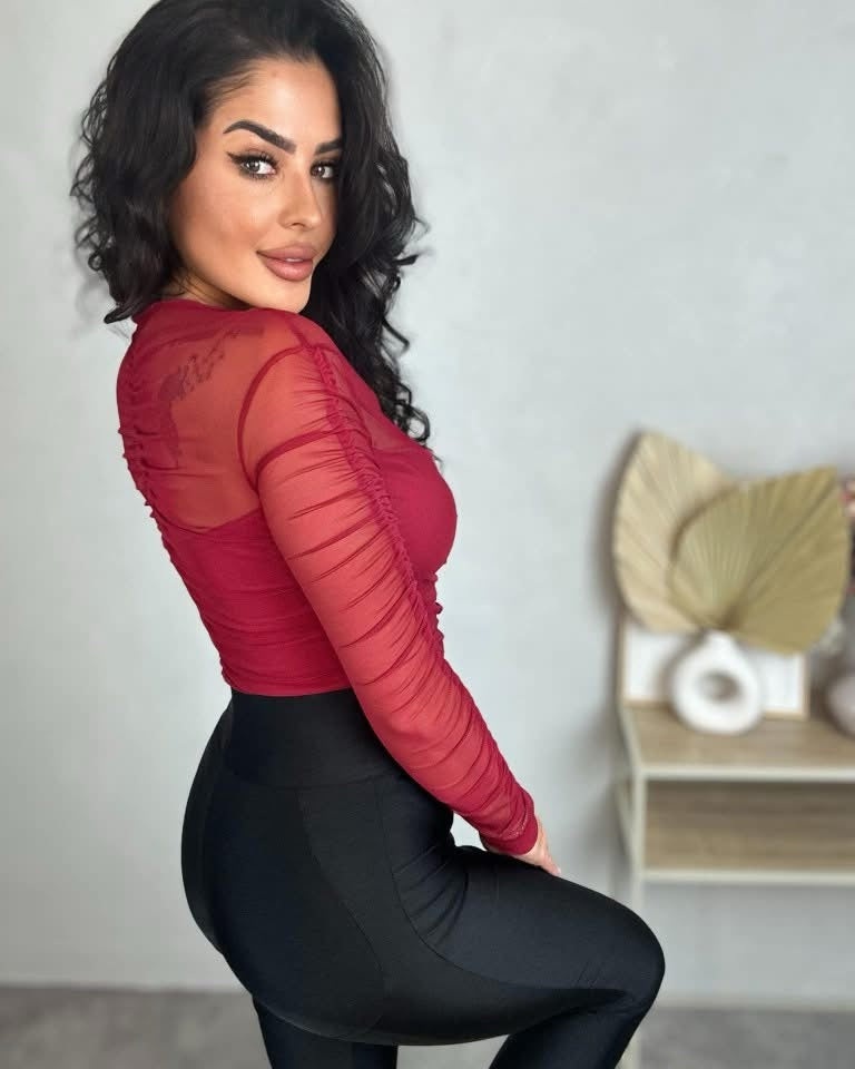 Mesh Bodysuit With Zip and Ruching in Burgundy