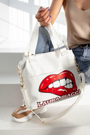 Laura Biaggi White Shopper Bag With Lips Motif