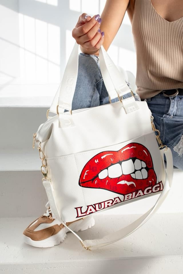 Laura Biaggi White Shopper Bag With Lips Motif