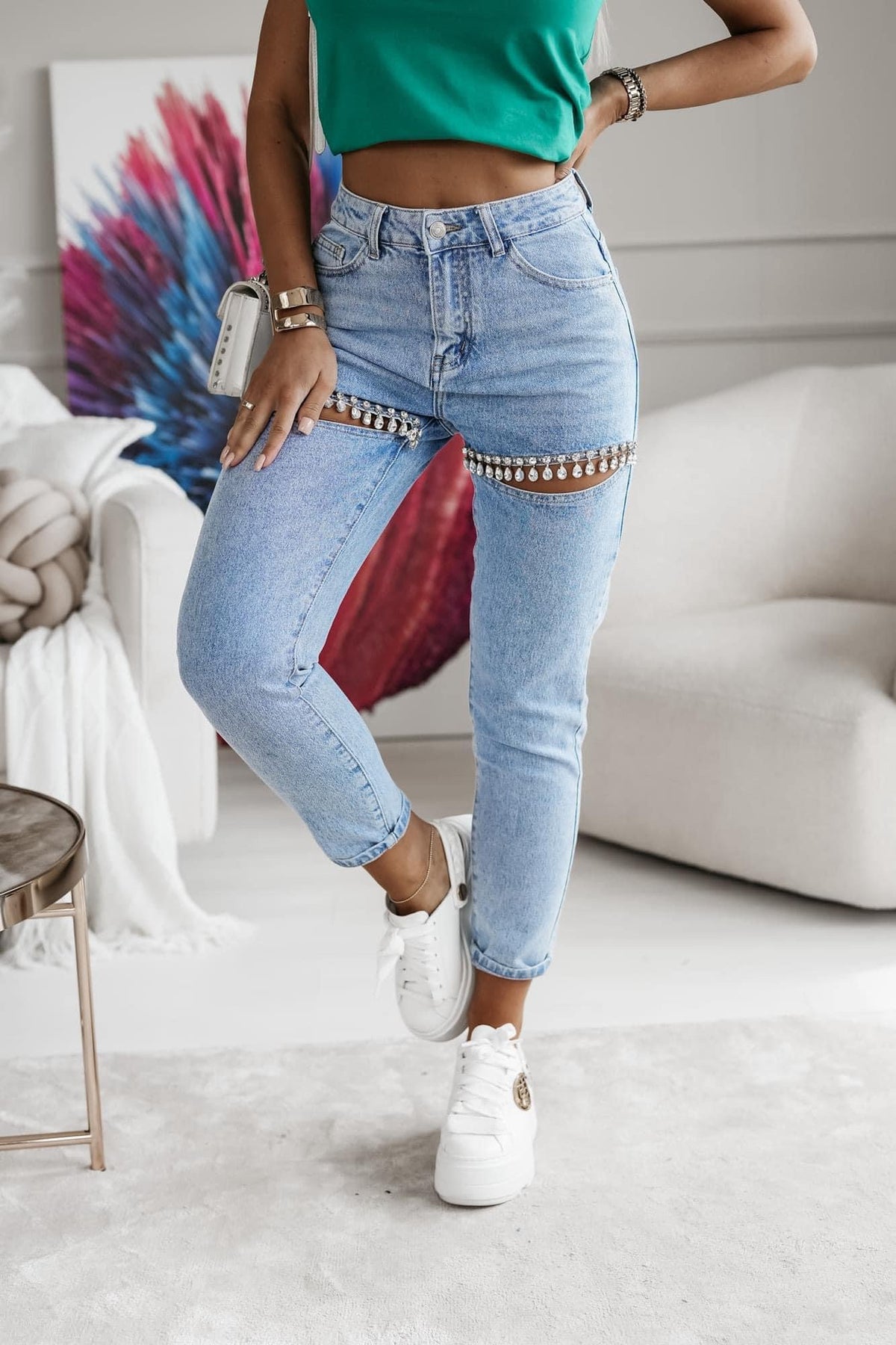 M.Sara Women's Mom Fit Jeans With Crystal-Trimmed Thigh Slits