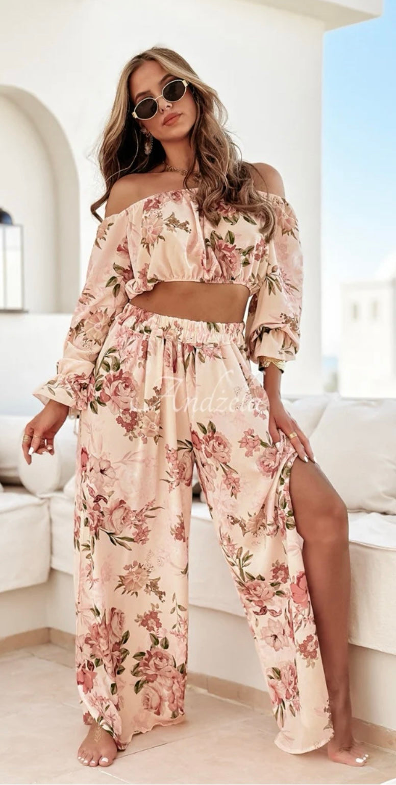 Patterned Blouse and Trousers Set
