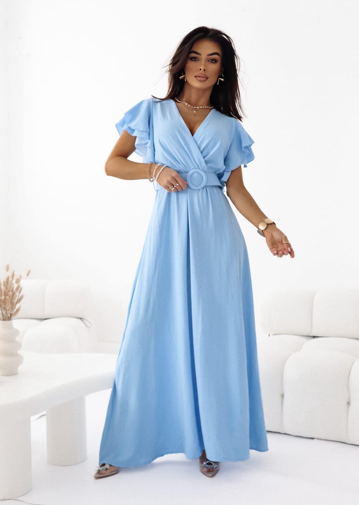 Flowing Maxi Cocktail Dress With Wide Belt