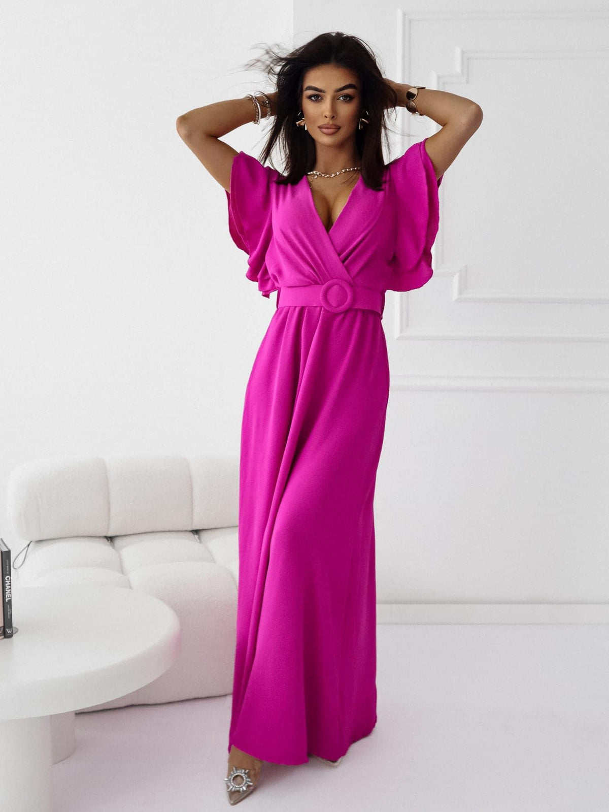 Flowing Maxi Cocktail Dress With Wide Belt