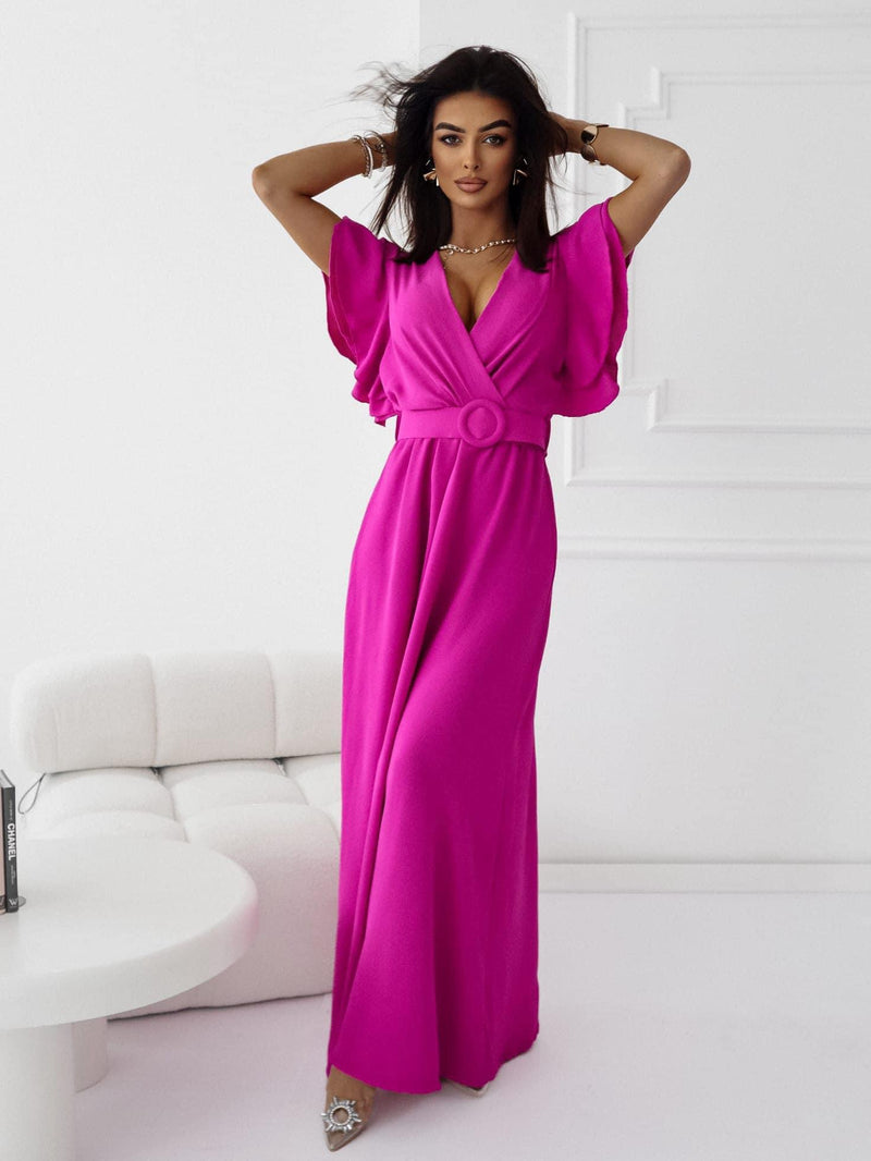Flowing Maxi Cocktail Dress With Wide Belt