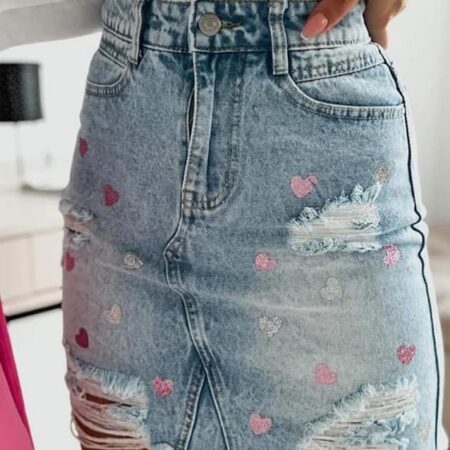 DENIM SKIRT WITH BROCADE HEARTS