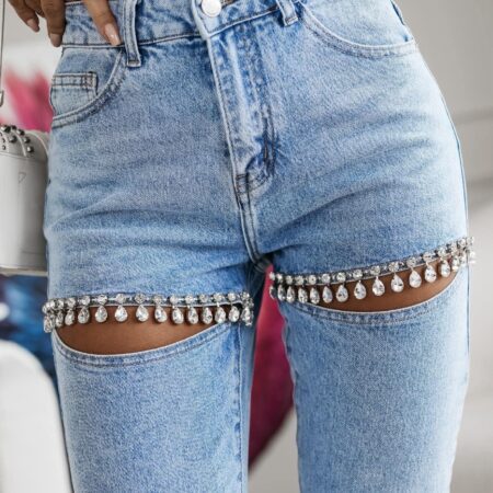 👖 M.SARA JEANSY DAMSKIE MOM FIT Z ROZCIĘCIAMI NA UDACH OZDOBIONYMI KRYSZTAŁKAMI kopie